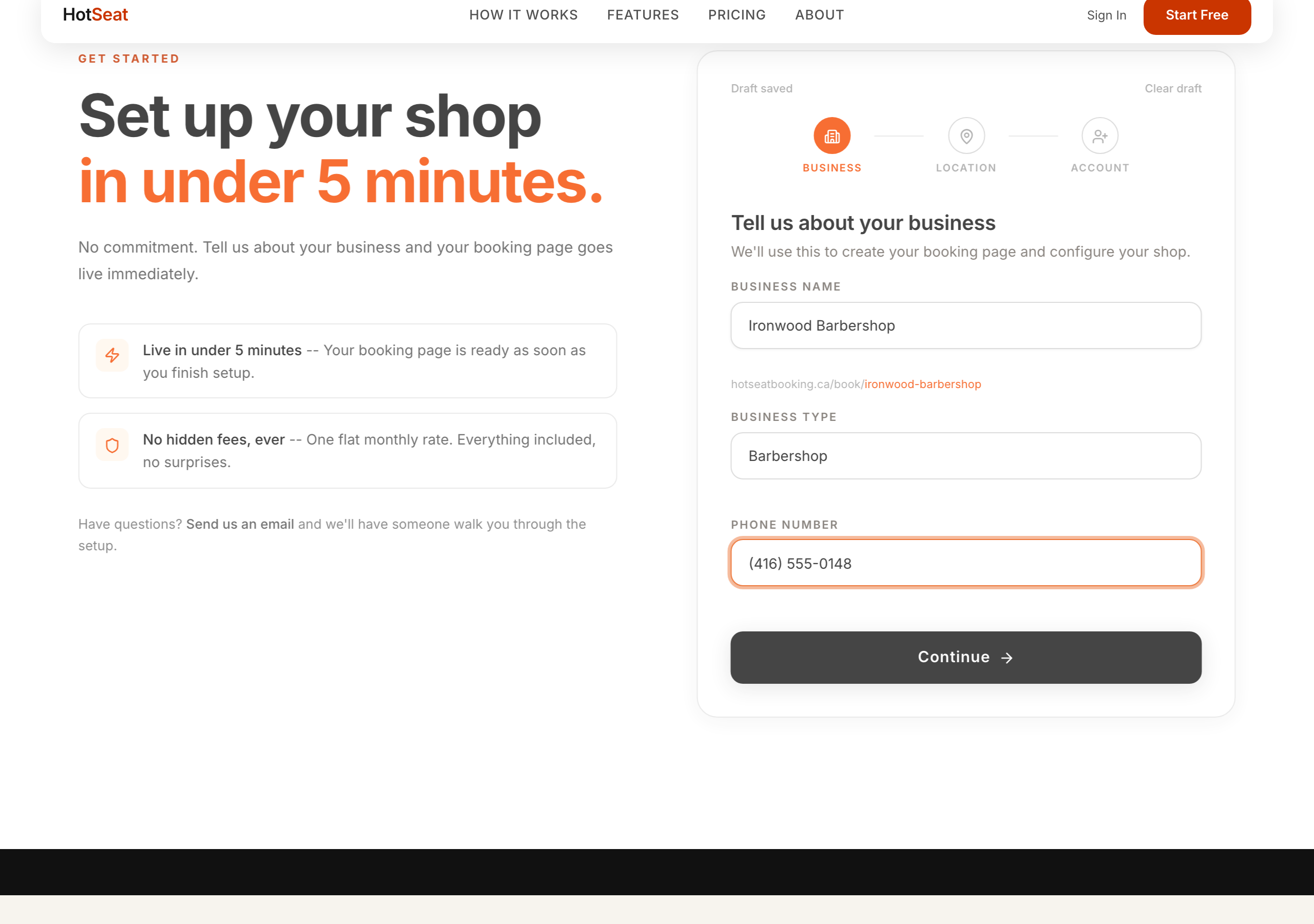 The Business step of the Start Free wizard