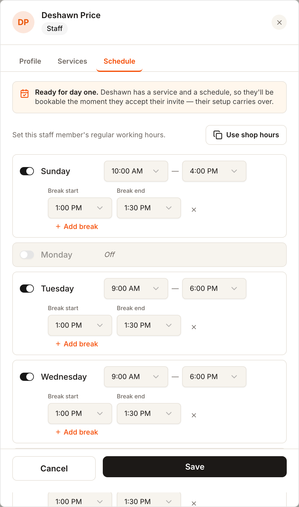 Setting a working schedule