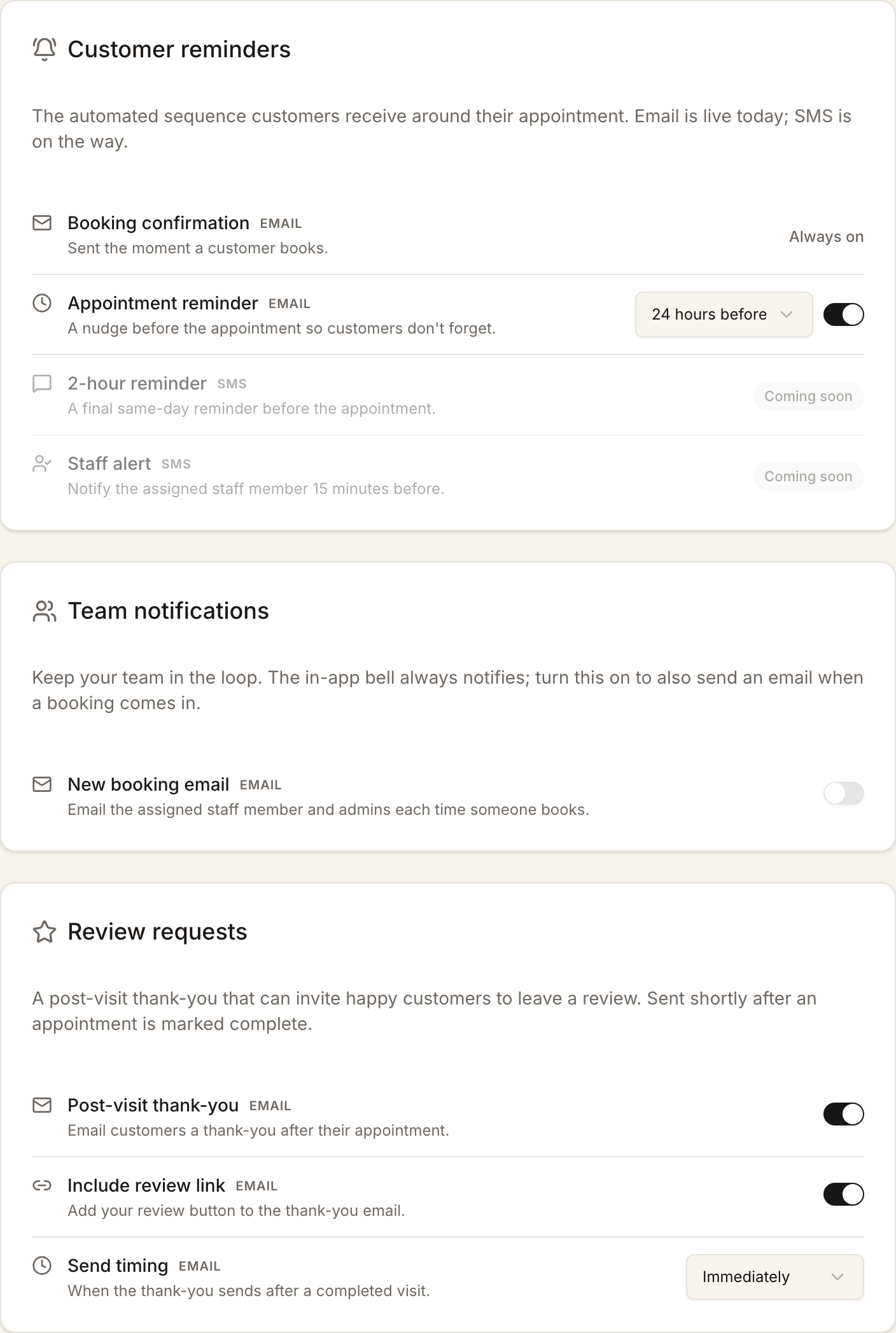 Reminders and communications settings