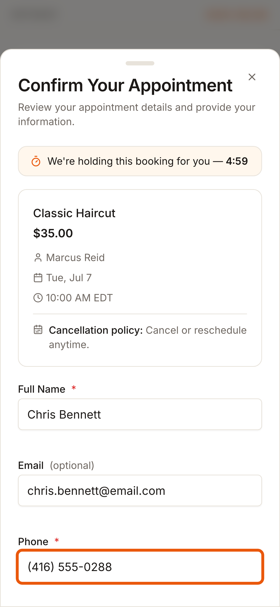 Guest checkout — name and phone
